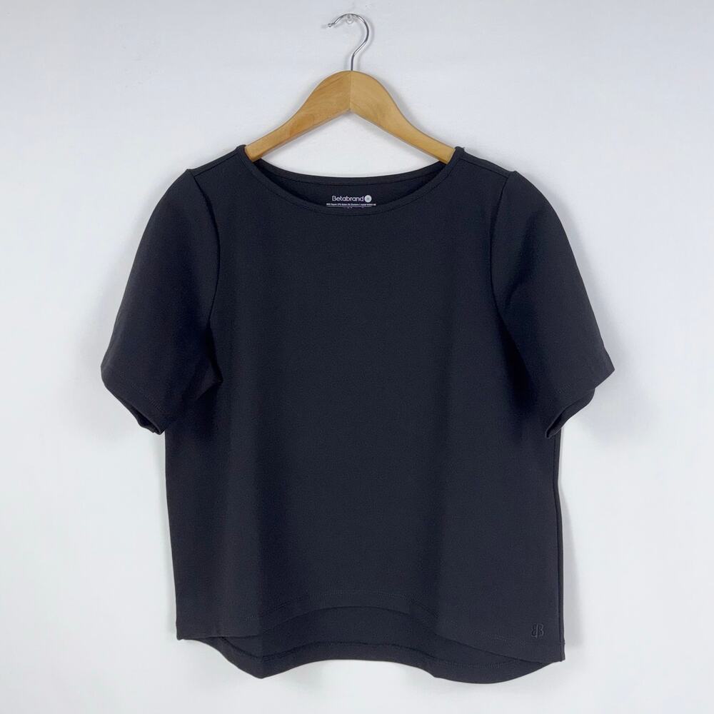 Beta Brand Women’s Boxy Short Sleeve High Low Top Medium Black Ponte Knit - Picture 2 of 10